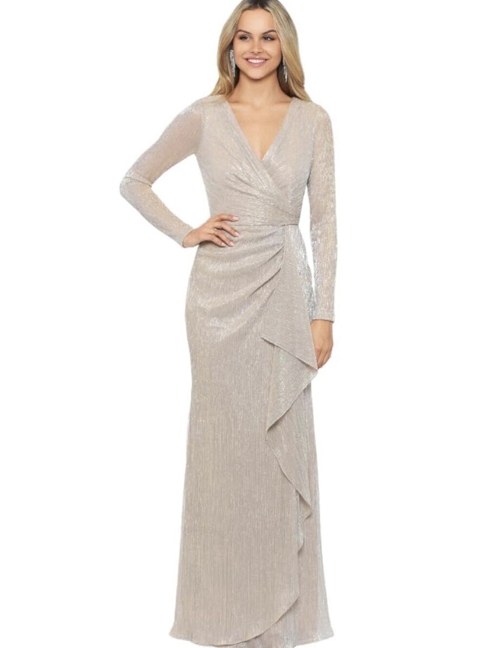 Betsy & Adam Floor Length Metallic V-Neck Dress Size 16 Champagne Gold NWT $258